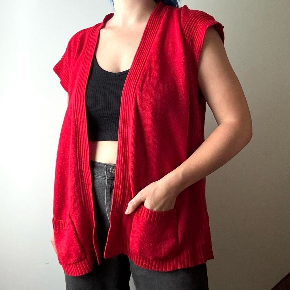 Vintage Collections Plus red knit open sleeveless cardigan sweater vest